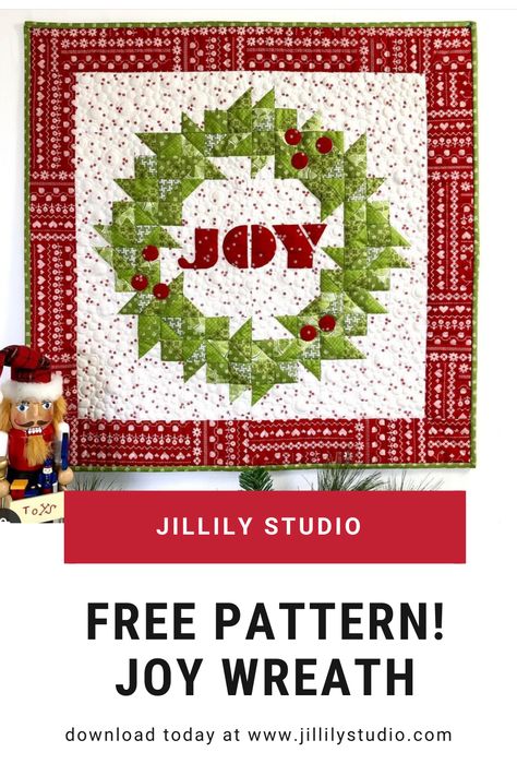 Quilted Wreath Wall Hanging, Quilt Wreath Free Pattern, Quilted Christmas Wall Hangings Patterns Free, Mini Wall Hanging Quilt, Christmas Wreath Quilt Block, Christmas Quilt Wall Hanging Patterns, Joy Table Runner, Quilt Wreath, Wreath Quilt Pattern