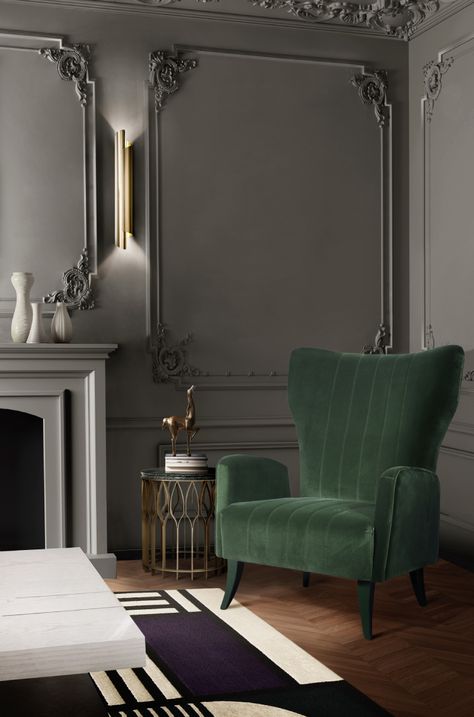 Step into a modern reading corner designed for both comfort and style. The DAVIS Armchair in green offers a cozy and inviting seat, inviting you to immerse yourself in your favorite book. The MECCA II Side Table provides a practical surface for placing your reading essentials or a cup of tea. Above, the CYRUS Wall Light casts a soft and focused glow, creating the perfect ambiance for late-night reading sessions. Green Armchair, Unique Interior Design, Reading Corner, Modern Home Office, Corner Designs, Contemporary Living Room, Reading Nook, Home Office Design, Living Room Seating