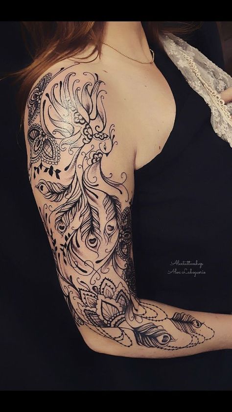 Half Sleeve Phoenix Tattoo, Pheonix Tattoo Shoulder Women, Women’s Phoenix Tattoo, Phoenix Tattoo Women Feminine, Phoenix Half Sleeve Tattoo For Women, Feather Tattoo Ideas For Women Shoulder, Phoenix Tattoo Shoulder For Women, Mandala Phoenix Tattoo, Floral Phoenix Tattoo