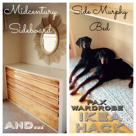 Ikea Pax wardrobe becomes side Murphy bed or dog bed. Diy twin Murphy bed that looks like a Midcentury side board or bar. Used as a dog bed for two large dogs. Super easy to recreate! Midcentury Sideboard, Murphy Bed Ikea, Hack Ikea, Modern Murphy Beds, Ikea Pax Wardrobe, Space Saving Beds, Murphy Bed Diy, Murphy Bed Plans, Diy Dog Bed