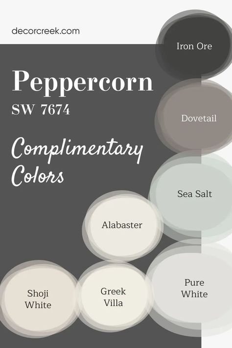 The image highlights complementary colors for Peppercorn SW 7674 by Sherwin-Williams, a bold and dramatic charcoal gray that adds depth and sophistication. Crisp whites like Pure White SW 7005, Simply White OC-117, and Extra White SW 7006 create a clean, striking contrast. Neutrals such as Repose Gray SW 7015, Classic Gray OC-23, and Alabaster SW 7008 offer balance and warmth, while Dovetail SW 7018 adds complementary depth for a cohesive palette. Sherwin Williams Peppercorn Complimentary Colors, Sherwin Williams Peppercorn Bedroom, Sherwin Williams Peppercorn Bathroom, Peppercorn Palette, Sw Peppercorn Accent Wall, Peppercorn Coordinating Colors, Sw Dovetail, Sw Peppercorn, Peppercorn Sherwin Williams