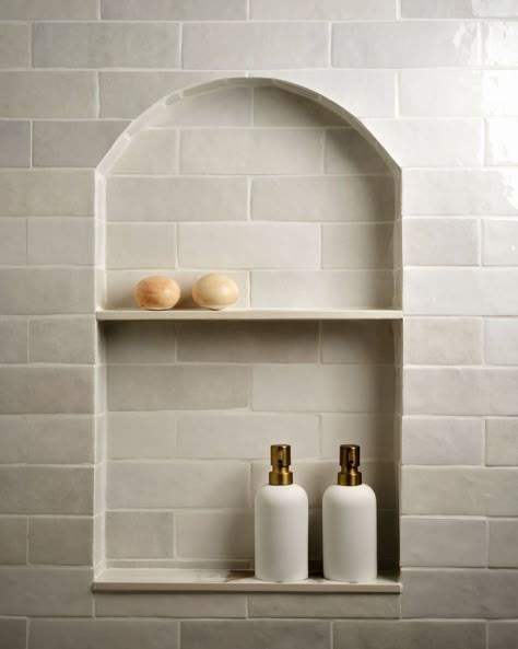 A simple tiled niche in the guest bathroom at project Indus Park Shower Niche Rectangle, Niche In Bathtub Wall, Shower Cubby Accent Tile, Tile Shower Alcove, Arched Shower Niche Ideas, Shower Niche With Shelf, Arch Shower Niche, Arched Shower Niche, Tub Niche Ideas