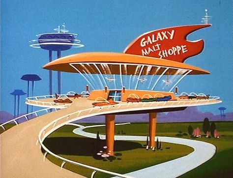 Raygun Gothic Aesthetic, 1950s Futurism, Jetsons Aesthetic, Atomic Aesthetic, Googie Design, Googie Architecture, Mid Century Modern Artwork, Retro Sci Fi, Mid Century Cat