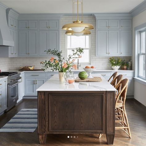 Light Blue Kitchen, Hgtv Designers, Dining Room Cabinet, Craftsman Kitchen, Hardwood Floors Dark, Dining Room Wallpaper, White Dining Room, Kitchen Paint Colors, Blue Cabinets