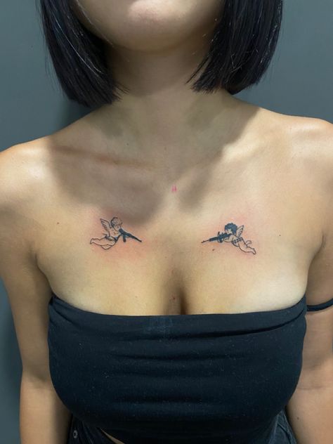 Angel Tattoo On Collarbone, Angel Collarbone Tattoo, Small Tattoos To Cover Other Tattoos, Celtic Angel Tattoo, Angel Chest Tattoo Female, Double Collar Bone Tattoo, Angel And Devil Tattoo On Shoulder, Angel And Devil Shoulder Tattoo, Angel Devil Shoulder Tattoo