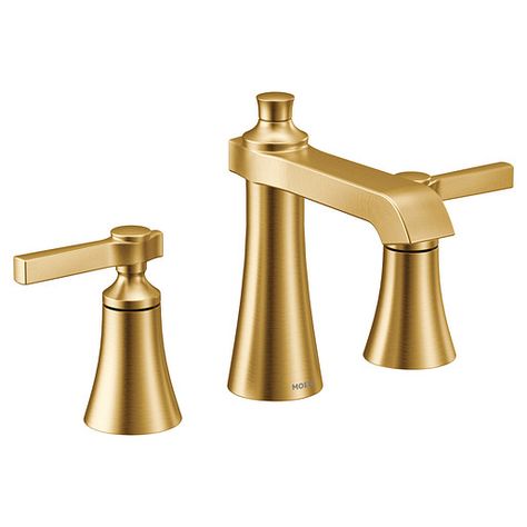 Flara Brushed gold two-handle high arc bathroom faucet -- TS6984BG -- Moen Gold Bathroom Faucet, Roman Tub Faucets, Shower Fixtures, Roman Tub, Gold Bathroom, Widespread Bathroom Faucet, Tub And Shower Faucets, Tub Filler, Faucet Handles