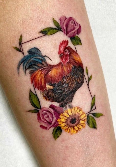 Rooster Memorial Tattoo, Colorful Chicken Tattoo, Farm Animal Tattoos For Women, Rooster Tattoo For Women, Chicken Tattoos For Women, Farm Animal Tattoo, Farm Tattoo Ideas, Farm Tattoos For Women, Chicken Tattoo Ideas