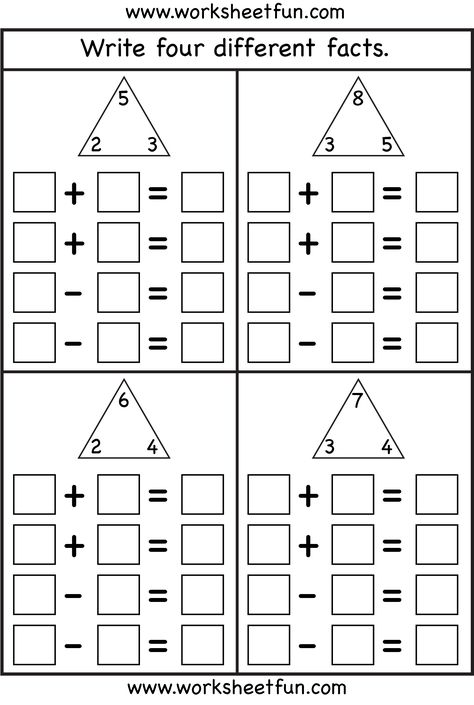 Fact Family - 4 Worksheets Fact Family Worksheet, Family Worksheets, Math Fact Worksheets, Triangle Worksheet, Family Worksheet, Subtraction Facts, Fact Families, Math Addition, Homeschool Math