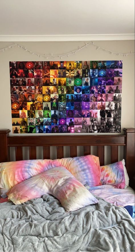 Marvel Photo Wall Collage Bedroom, Rainbow Marvel Wall, Marvel Inspired Room, Marvel Decorations Room, Marvel Bedroom Aesthetic, Aesthetic Marvel Room Decor, Rainbow Photo Wall, Marvel Rainbow Wall, Marvel Photo Wall