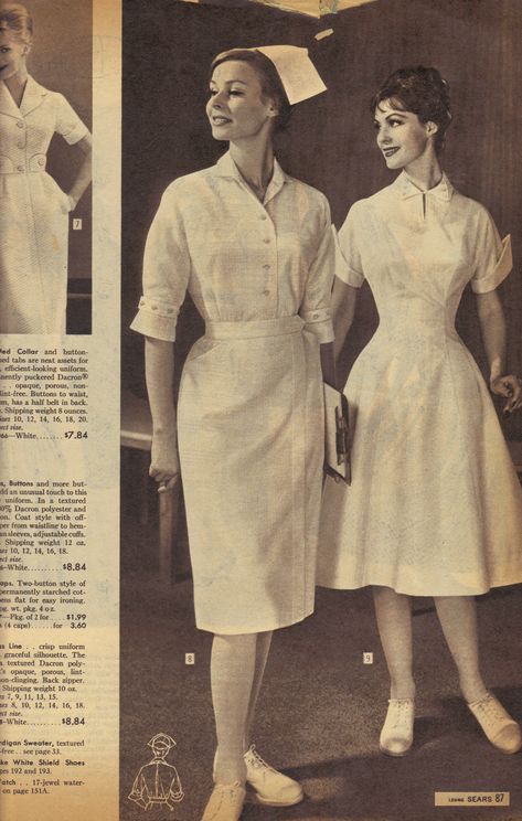 Stylish nursing uniforms from Sears catalog -- I think I actually looked like that when I was first a nurse!! History Of Nursing, Women In White, Blouse Nylon, Vintage Nurse, Nurse Rock, Nurse Uniform, White Caps, White Dresses, 인물 사진