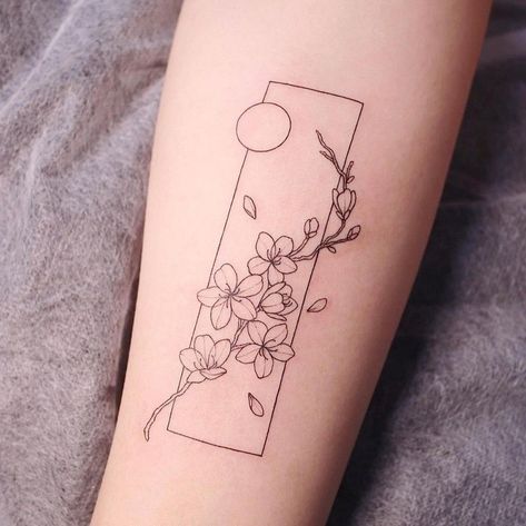 Fine Line Cherry Blossom, Evermore Tattoo, Frame Tattoo, Korea Tattoo, Enough Tattoo, Roots Tattoo, Symmetrical Tattoo, Framed Tattoo, Self Love Tattoo