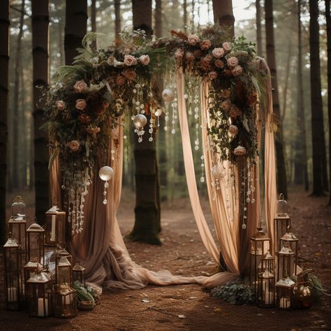 Forest Glam Wedding, Woodland Forest Wedding Dress, Wedding Decor Enchanted Forest, Enchanted Wedding Ceremony, Magical Woodland Wedding, Fairy Wedding Arch, Elf Wedding Decor, Forest Wedding Arbor, Woodland Wedding Dresses