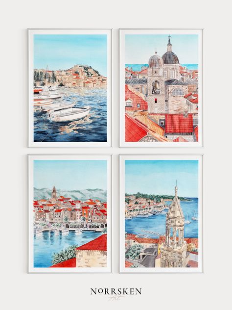 This watercolor painting of Croatia set was created from my own original paintings and was printed in high-resolution images so you can download them instantly and print them yourself, either at home or by using a professional printing service! It’s an easy way to get high-quality artwork for less money than a physical art print. #croatia #dubrovnik #korcula #hvar #sibenik #galleryset #watercolor #wallartprints #painting #landscape #croatiaprint Croatia Landscape, Hvar Croatia, Get High, Travel Memories, Dubrovnik, Online Printing Services, Watercolor Art Prints, Travel Gifts, Beautiful Artwork