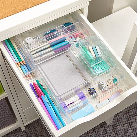 Desk Draws Organization Ideas, Desk Draw Organization Ideas, Cute Desk Organization Ideas, Drawer Organization Stationary, Office Desk Drawer, Clear Drawer Organizer, Clear Storage Containers, Makeup Vanity Storage, Really Useful Boxes® 7 Drawer Rainbow Desktop Organizer