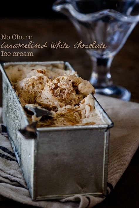 No churn caramelised white chocolate ice cream - delicious, divine and only 3 ingredients! |Get the recipe at DeliciousEveryday.com Mexican Chocolate Ice Cream, White Chocolate Ice Cream, Best White Chocolate, Oreo Ice Cream Cake, Churn Ice Cream, Caramelized White Chocolate, Lavender Ice Cream, Rainbow Ice Cream, Fried Ice Cream