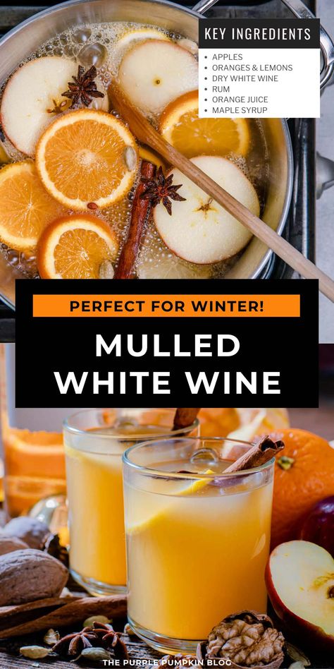 Mulled wine is a classic winter drink. It's warm, comforting, and perfect for sipping by the fire. But if you don't like red wine, this Mulled White Wine Recipe is what you need. And a touch of rum gives it a little extra flavor! So if you're looking for something to help you get through the cold weather, give this mulled wine recipe a try! Mulled White Wine Recipe, Crockpot Mulled Wine, Hot Wine Recipe, Spiced Wine Recipe, Boozy Punch, Winter Punch, Mulled White Wine, White Wine Cocktail, White Wine Recipes