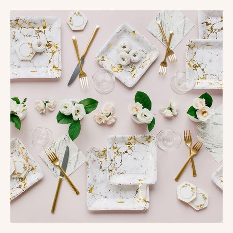 Did you know we carry a large line of bridal shower supplies? Themed tableware with matching bridal shower decorations, party favors, and more! 😍 Marble Party, Modern Wedding Centerpieces, Geometric Centerpiece, Fancy Table, Marble Plates, Unicorn Party Decorations, Bright Florals, Disposable Plates, Marble Paper