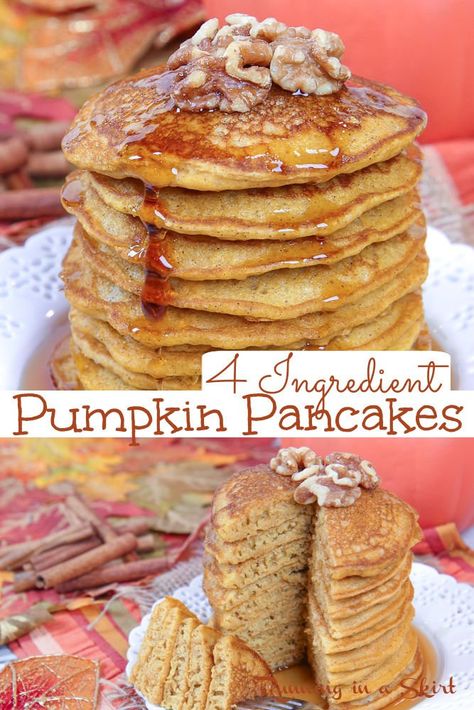 My Pumpkin Pancakes with Pancake Mix are the perfect 4 ingredient fall breakfast or brunch recipe.  These classic and easy pancakes are fluffy and cozy with your favorite box mix, pumpkin puree, vanilla, and pumpkin pie spice mix.  This family-friendly recipe is one both kids and adults love. Healthy Pancakes Recipe, Easy Pumpkin Pancakes, Easy Pancake Mix, Pumpkin Chocolate Chip Pancakes, Pumpkin Pancakes Easy, Pumpkin Spice Pancakes, Pumpkin Pancake Recipe, Pancake Mix Recipes, Healthy Pancakes