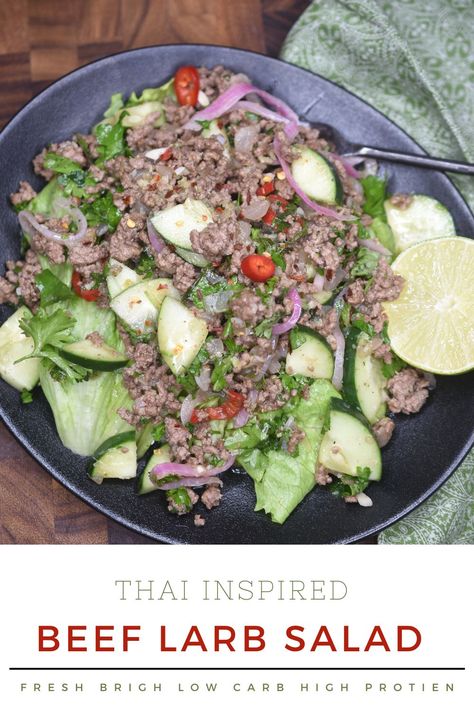 Larb recipe Thai Beef Larb Salad with ground beef, Thai flavors cucumbers, red onion, lettuce and a Thai vinaigrette Healthy Wings Recipe, Turkey Larb, Beef Larb, Healthy Wings, Larb Salad, Healthy Food Substitutes, Larb Recipe, Hot Thai Kitchen, Lite Bright