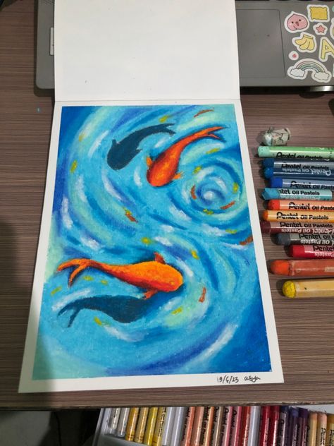 Koi Fish Drawing Oil Pastel, Oil Pastel Fish Art, Koi Oil Pastel, Oil Pastel Jellyfish, Koi Fish Oil Pastel, Fish Oil Pastel, Painting With Oil Pastels, Two Koi Fish, Zen Artwork