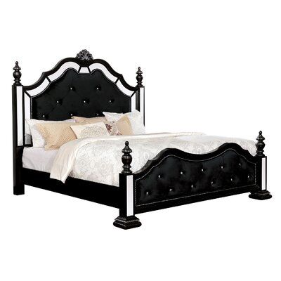 Give your bedroom that bit of class it needs with this simple yet extraordinarily stylish upholstered bed. This bed upholstered in fabric and scrolled crystal-like acrylic button tufted at its headboard and footboard. Color: Black, Size: California King | Rosdorf Park Esquivel Standard Bed Wood & / Upholstered / Polyester in Black | Wayfair Black Homes, Black Queen Bed, California King Platform Bed, King Poster Bed, Adult Bed, Tufted Platform Bed, Homes Inside, Eastern King Bed, Galaxy Black