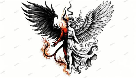 Half Angel Half Demon, Angel Demon Tattoo, Angel Devil Tattoo, Gemini Tattoo Designs, Devil Tattoo, Back Of Neck Tattoo, Evil Tattoos, Demon Tattoo, Back Piece Tattoo