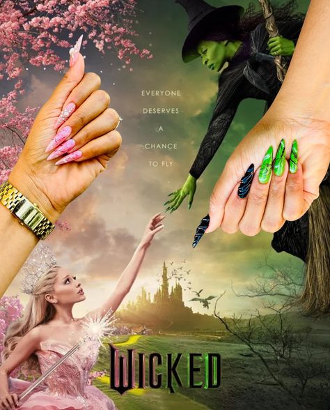 WICKED MOVIE 🤝 KAISHA CREATES 💅🏽 @wickedmovie and I go together real bad 😅 In honor of #WickedMovie Part 2 getting an earlier release date, I give present my Elphaba and Glinda nails inspired by the movie poster ✨ Shoutout to @lexi_nails_spa for helping bring my vision to life 🙌🏽 What nail set should I do next?!👇🏽 #wickedmusical #wicked #elphabathropp #glindathegoodwitch #broadwaymusical Wicked The Movie Nails, Wicked Movie Inspired Nails, Wicked Glinda Inspired Nails, Elphaba Inspired Nails, Wicked Elphaba Nails, Wicked Musical Nail Designs, Glinda Inspired Nails, Wicked Nails Designs, Wicked Glinda Nails