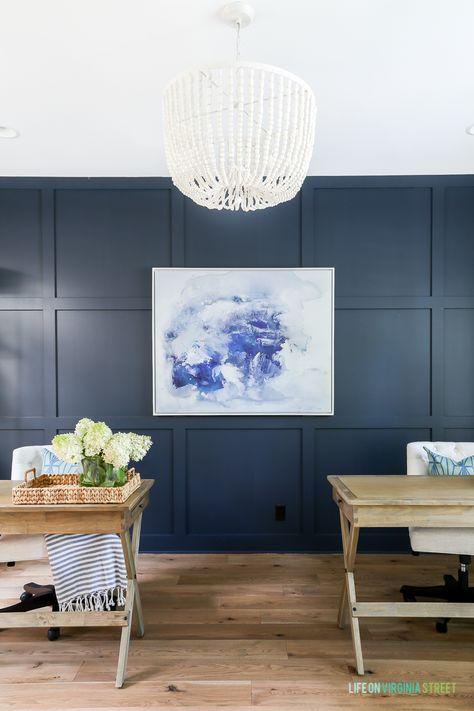 White wood bead chandelier, navy blue board and batten wall and white oak hardwood floors in a home office space. Life On Virginia Street, Batten Wall, Bedroom Redesign, Hale Navy, White Oak Hardwood Floors, Board And Batten Wall, Oak Hardwood Flooring, Oak Hardwood, Board And Batten