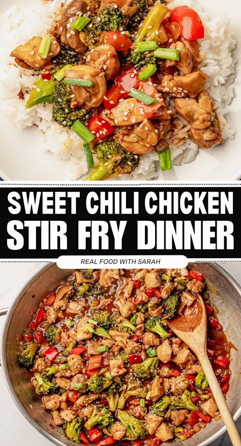 Have this healthier Sweet Chili Chicken Stir Fry on the dinner table in 35 minutes. Juicy chicken bites and crisp veggies tossed in a thick homemade sweet chili sauce. Enjoy this sweet and spicy favorite over rice or noodles. Thai Chili Stir Fry, Sweet Thai Chili Chicken Stir Fry, Sweet Chilli Chicken Stir Fry, Chili Garlic Chicken Fried Rice, Sweet Chili Chicken Bowl, Firecracker Chicken Stir Fry, Spicy Chicken Stir Fry Recipes, Sweet Chili Stir Fry, Sweet Chilli Chicken Recipe