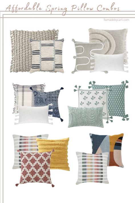 Outdoor Couch Pillows, Spring Throw Pillows Living Rooms, Couch Pillow Arrangement, Cushion Styling, Throw Pillow Ideas, Spring Pillow, Pillows Living Room, Spring Living Room, Pillow Combos