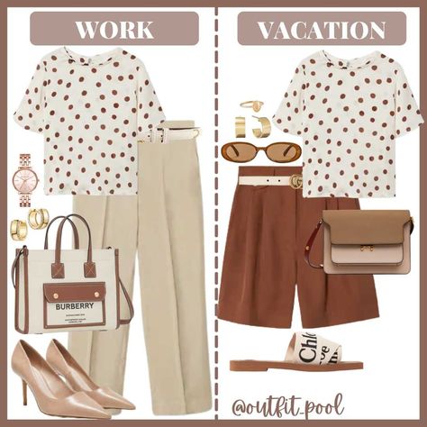 Brown bermuda shorts, beige pants, polka dots top, chloe sandals Polka Dots Top Outfit, Outfit Bermuda, Dots Outfit, Polka Dots Outfit, Beige Pumps, Shoplook Outfits, Beige Blouse, Brown Polka Dots, Transition Outfits