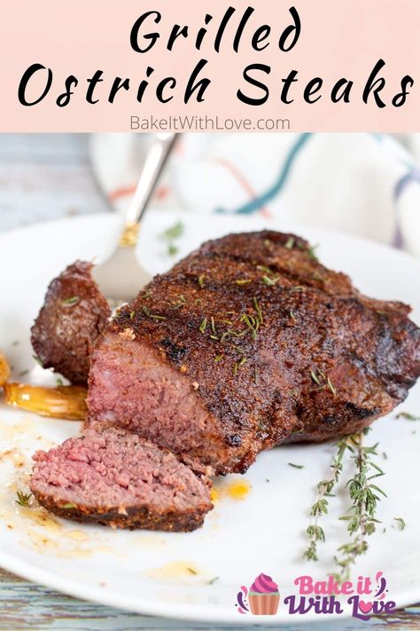 These grilled ostrich steaks are a tender, flavorful, and even healthier alternative to typical beef steaks! Whipping them up on the grill is super easy to do, even if you're a beginner at grilling! They are so tasty that they will definitely be added to your grilling rotation! BakeItWithLove.com Steak Tenderizer Recipes, Ostrich Fillet Recipes, Ostrich Steak Recipes, Emu Recipes, Ostrich Recipes, Steak Tenderizer, How To Reheat Steak, Ostrich Meat, Grilled Steaks