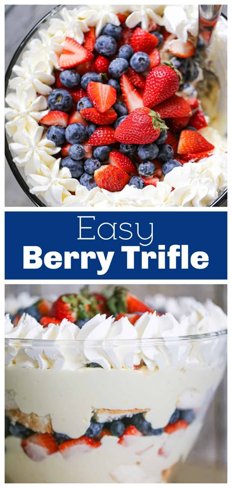 This fancy Berry Trifle recipe is super easy to make and looks so inviting! It’s a light, no bake layered dessert filled with fluffy angel food cake, pudding, fresh berries and whipped cream. Perfect for parties and holidays! Easy Berry Trifle, Angel Food Cake Berry Trifle, Berry Trifle Recipe, Berry Trifle Angel Food Cake, Layered Desserts Trifle, Easy Berry Trifle Recipe, Blueberry Trifle Recipe, Fruit Trifle, Berry Trifle