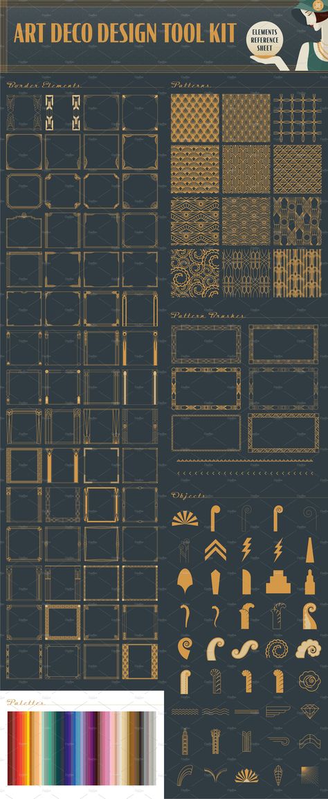 Art Deco Design Tool Kit by Dandylyon Designs on @creativemarket Art Deco Elements Design, Art Deco Layout Design, Art Deco Material Board, Art Deco Infographic, Art Deco Product Design, Art Deco Border Design, Art Neauveau Borders, Art Deco Motifs Pattern, Artdeco Art Design