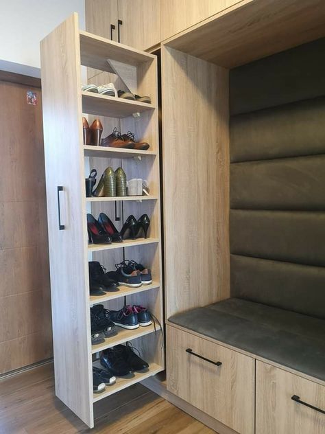 Wardrobe With Shoe And Bag Rack, Shoe Pull Out Storage, Shoe Racks Closet, Closet Display Ideas, Hodnik Uredjenje, Shoe Unit Design, Shoe Cupboard Ideas, Hallway Closet Organization, Under Staircase Storage