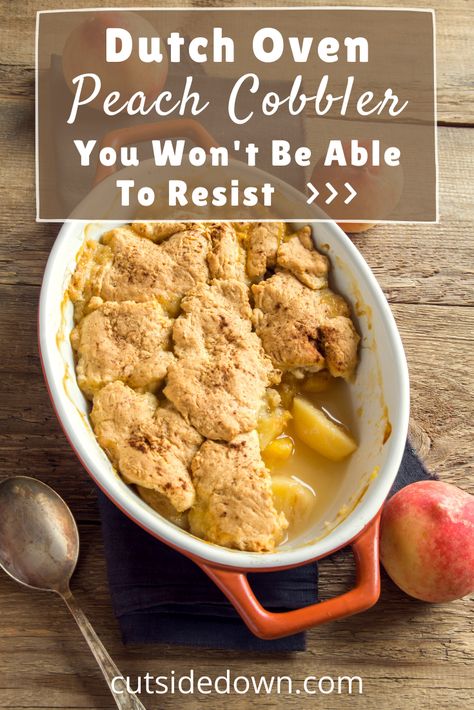 Recipe ideas at cutsidedown.com are delicious and easy enough anyone can make them! Don't settle on basic peach pie anymore! Get creative with this awesome dutch oven peach cobbler recipe everyone is sure to love. Trisha Yearwood Peach Cobbler, Smoked Peach Cobbler, Mousse Dessert Recipes, Oven Peach Cobbler, Dutch Oven Cobbler, Dutch Oven Peach Cobbler, Thanksgiving Desserts Recipes, Oven Desserts, Dutch Oven Desserts