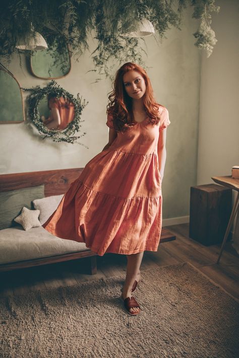 Orange Linen Dress, Linen Belt, Summer Dress Short, Midi Dress Short Sleeve, Linen Dress Summer, Beach Walks, Rusty Orange, Dress Bohemian, Linen Clothing