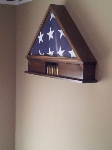 Flag Display Ideas, Memorial Flag Display, Shell Casings Crafts, Shadow Box Memory, Military Shadow Box, Flag Display Case, Shell Display, Memorial Ideas, Pallet Wall Art