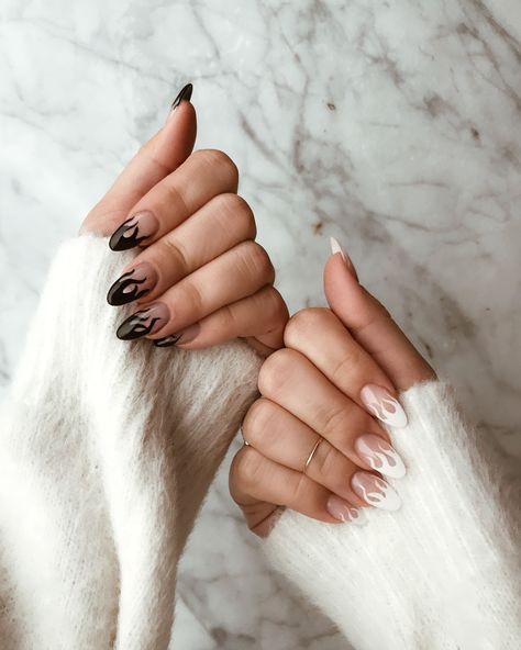 Flame Nails Black And White, Black And White Flames Nails, Nail Trend 2023 Spring, Black Flame Almond Nails, Flame Nails Almond Shape, Edgy White Nails, Fire Nails Almond, Almond Nails Flames, White Flame Nails Almond