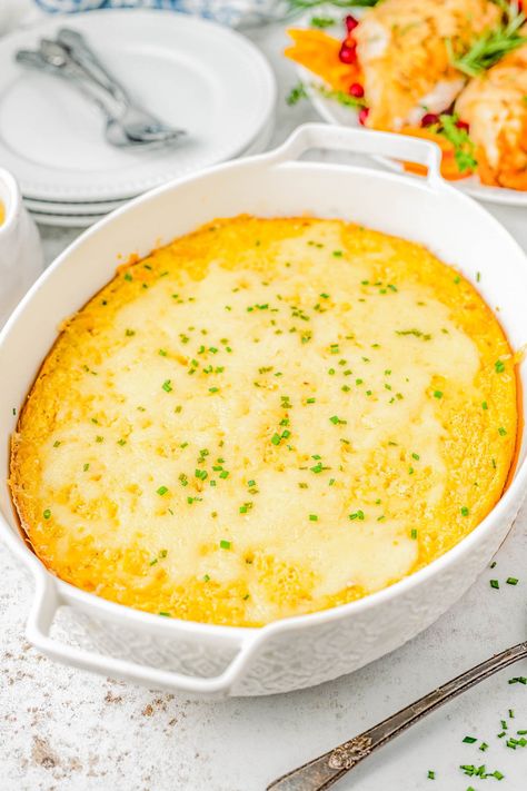 Creamed Corn Casserole — The EASIEST holiday side dish you’ll ever make! This CREAMY, cheesy corn casserole is a simple stir-and-bake affair that can be made in advance! The texture is a cross between a souffle and cornbread. Slightly gooey, slightly firm, and pairs perfectly with your favorite Thanksgiving, Christmas, and Easter dishes! Creamy Cheesy Corn, Creamed Corn Casserole, Sweet Corn Casserole, Cheesy Corn Casserole, Creamy Corn Casserole, Easy Holiday Side Dishes, Cream Corn Casserole, Easy Mashed Potatoes, Cheesy Corn