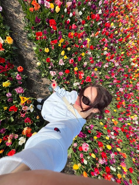 0.5 lense picture of girl in a field of tulips Photos In Tulip Field, Amsterdam Tulips Aesthetic, Keukenhof Outfit, Netherlands Photo Ideas, Tulips Field Aesthetic, Flower Field Poses, Amsterdam Photo Ideas, Flower Field Pictures, Netherlands Flowers