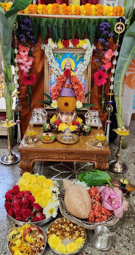 Laxmipoojan Decoration, Vara Lakshmi Pooja Decoration, Diwali Lakshmi Pooja Decoration Ideas, Varahi Mata, Mbbs Life, Varalakshmi Pooja Decoration, Varalakshmi Decoration, Puja Mandap