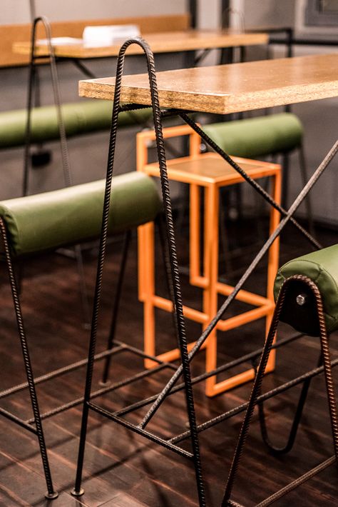 adam wiercinski refurbishes polish whiskey bar zrodlo Rebar Furniture, Simple Furniture Design, Welded Furniture, Whiskey Bar, Upholstery Foam, Concrete Wood, Exclusive Furniture, Workspace Design, Diy Interior