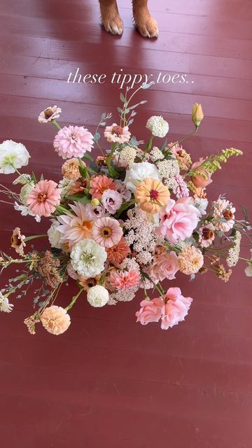 Feather flower farm on Instagram: "Always in the frame 🐶🐾 . Special arrangement going out for @fallingfordainty grand opening weekend! The last of this season’s Dahlias, zinnias, yarrow & Lisianthus..what a beautiful blooming year It’s been! 🌸" Yarrow Bouquet, Farmer Florist, Zinnia Bouquet, Icelandic Poppies, Flower Farming, Japanese Anemone, Floral Business, Bouquet Inspiration, List Design