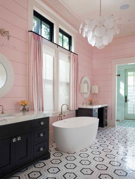 A delightful beach style home with bold pops of color in South Carolina Pink Bathroom Decor, Large Bathroom, Pink House, Girls Bathroom, Pink Bathroom, Southern Comfort, Bathroom Renos, Bathroom Inspo, Dream Bathroom