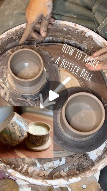 Hannah Mir, Ceramic Artist/ Teacher on Instagram: "Which 🧈 team are you on…. Butter in the fridge or butter outside?  A butter bell, is also known as a butter crock or butter keeper and keeps butter fresh on the counter for up to 30 days. The butter goes in the “bell,” which you place in the water-filled crock. This keeps butter smooth and spreadable for whenever you need it.  Put the bell into the crock and the water level will rise around the bell, sealing it off and keeping it cool. Change the water every 2 to 4 days to keep things fresh. Store on the counter or in the pantry, away from direct heat or sunlight, to prevent the butter from melting. . . . . . . . #buttercrock  #frenchbuttercrock #handmade #wheelthrown  #handmadepottery #pottersofinstagram #handmadeceramics #butterbell #bu Butter Keeper Crock, Butter Bell Ceramic, Butter Crock Pottery, Pottery Butter Bell, Ceramic Butter Bell, Butter Bell Pottery, How To Make Ceramic, Pottery Creations, Fresh Store