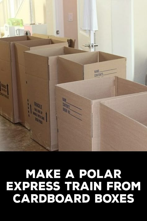 How to Make a Polar Express Train from Cardboard Boxes Diy Train Out Of Boxes, How To Make Train Out Of Boxes, Polar Express Play Props, Cardboard Box Train Diy, Polar Express Ward Christmas Party, Train Wrapping Ideas, Polar Express Decorating Ideas, Outdoor Christmas Train Diy, How To Make A Train Out Of Cardboard