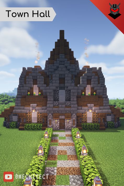 Minecraft Village Trading Hall Ideas, Minecraft Medieval Courthouse, City Hall Minecraft Build, Town Hall Minecraft Easy, Minecraft Town Hall Cottagecore, Minecraft Village Town Center, Minecraft Country House Ideas, Minecraft Town Hall Ideas Medieval, Minecraft Village Town Hall