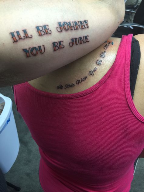 #johnnyjunetattoo #johnnycash Johnny June couple tattoo! Johnny And June Tattoo, Jonny Cash Tattoos, Johnny Cash Inspired Tattoo, Johnny Cash Sleeve Tattoo, Johnny Cash And June, Johnny And June, Ring Tattoos, Johnny Cash, Couple Tattoos