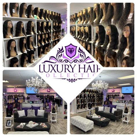 Beautiful Luxury Hair In stock at our Showroom💜 Wig Shop Interior Design, Hair Boutique Ideas, Wig Business, Beauty Shop Decor, Wig Display, Beauty House, Spa Room Decor, Hair Extension Shop, Wig Shop